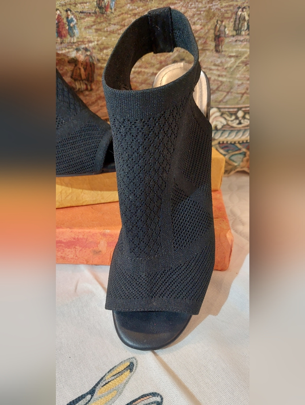 Impo Black Knit Open-Toe Block Heel Booties with Back Strap - Picture 2 of 14